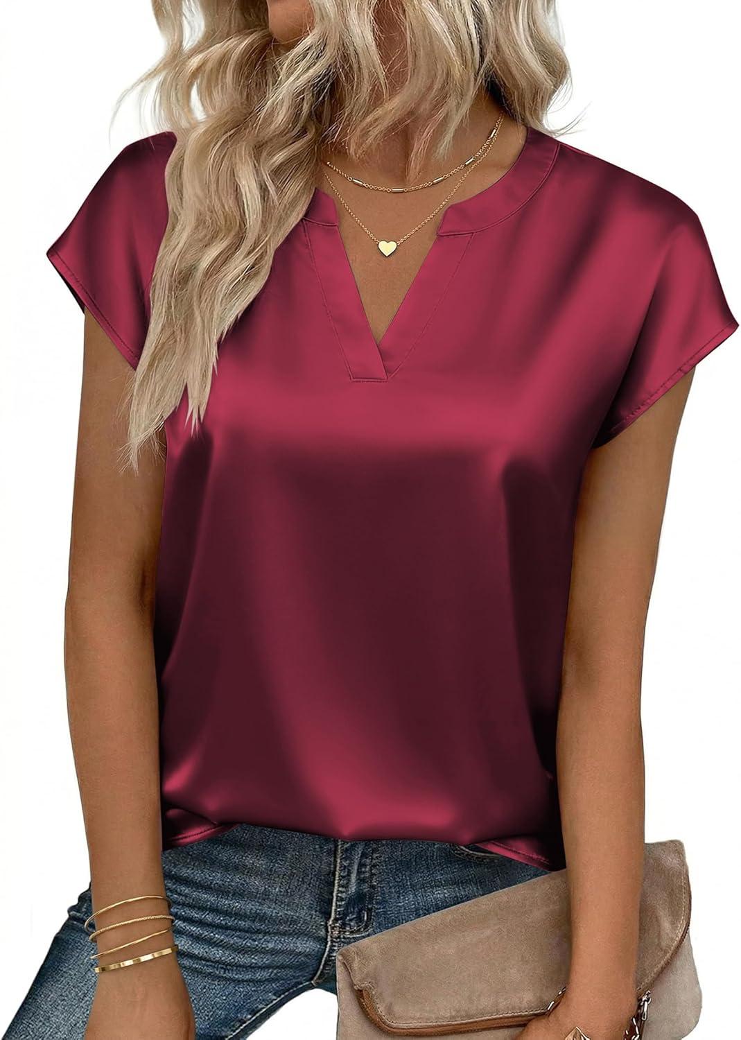 imageZeagoo Women Tops Silk Satin Blouses V Neck Summer Shirts Cap Sleeve Business Casual Dressy Spring ClothingWine Red