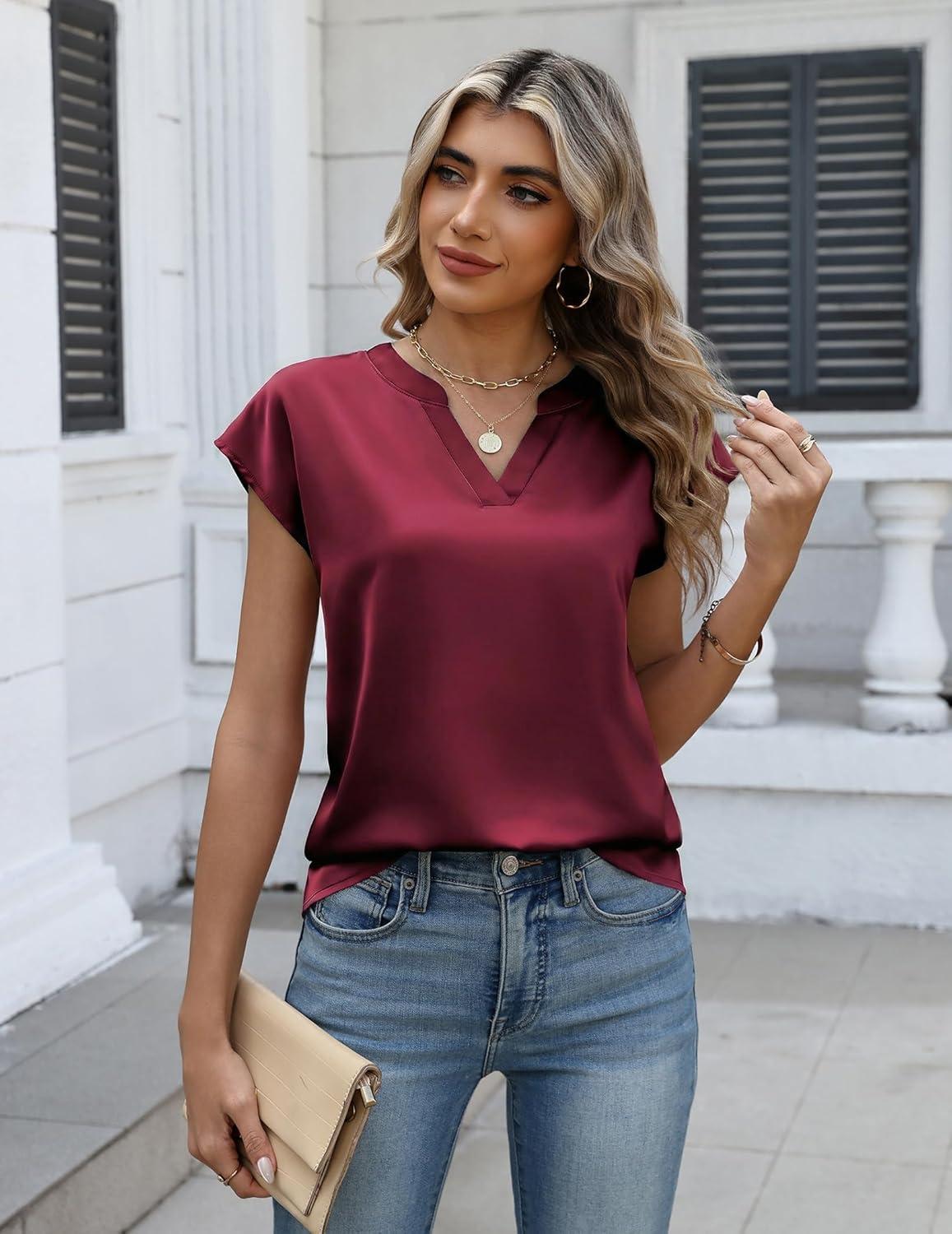 imageZeagoo Women Tops Silk Satin Blouses V Neck Summer Shirts Cap Sleeve Business Casual Dressy Spring ClothingWine Red