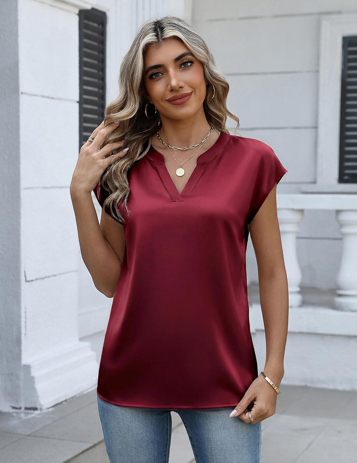 imageZeagoo Women Tops Silk Satin Blouses V Neck Summer Shirts Cap Sleeve Business Casual Dressy Spring ClothingWine Red
