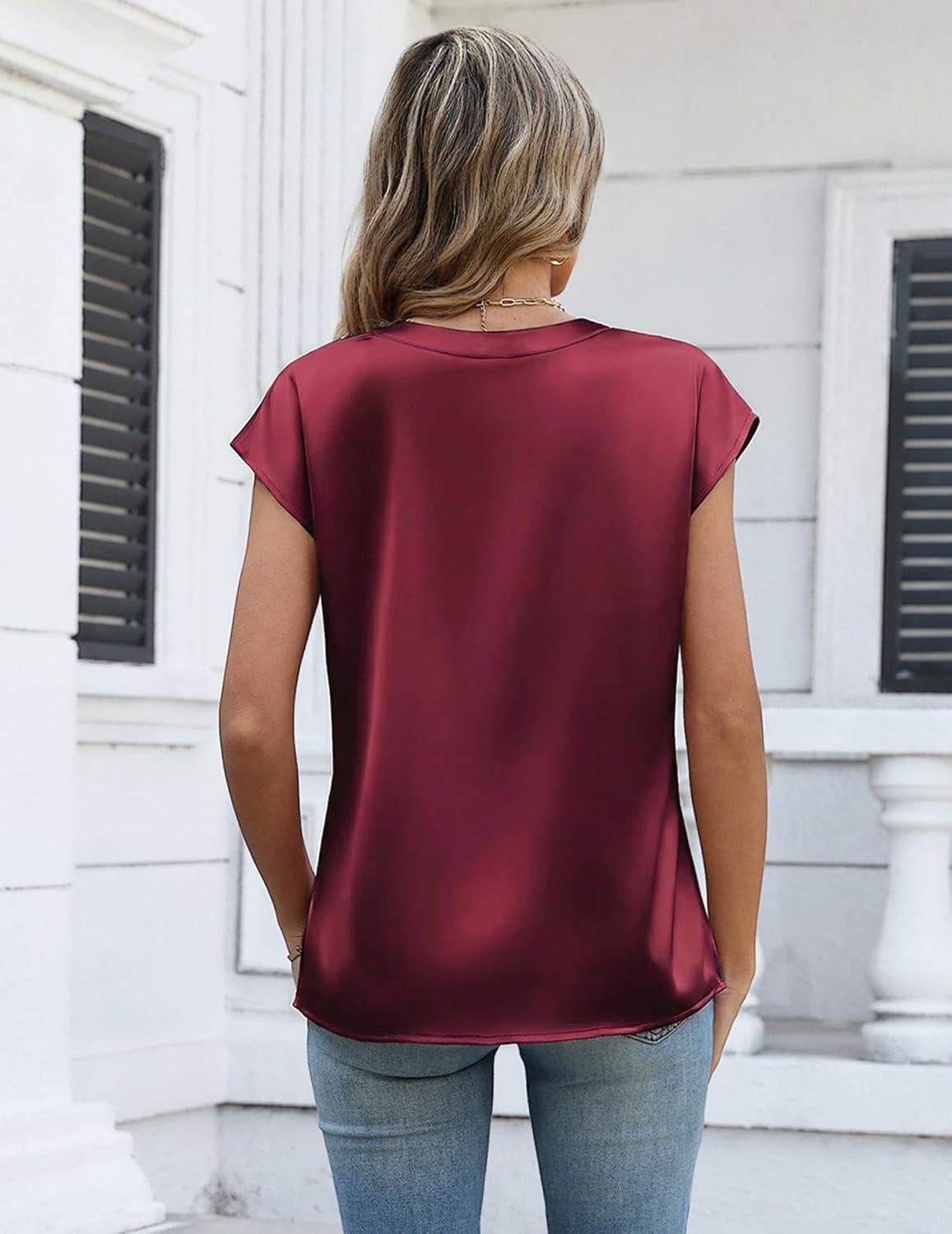 imageZeagoo Women Tops Silk Satin Blouses V Neck Summer Shirts Cap Sleeve Business Casual Dressy Spring ClothingWine Red