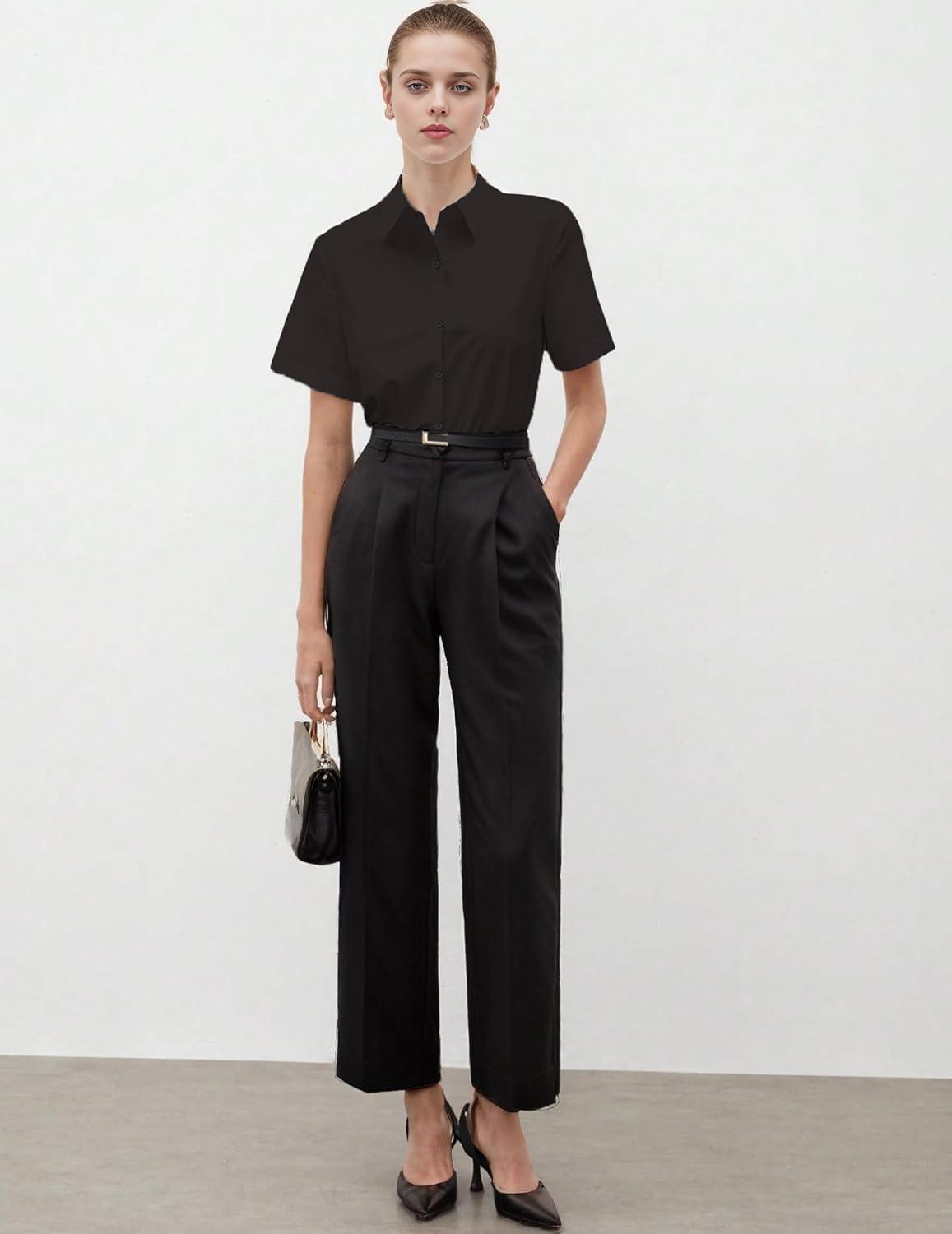 imageZeagoo Womens Button Down Shirts Short Sleeve Dress Shirts Basic Business Collared Work BlousesBlack