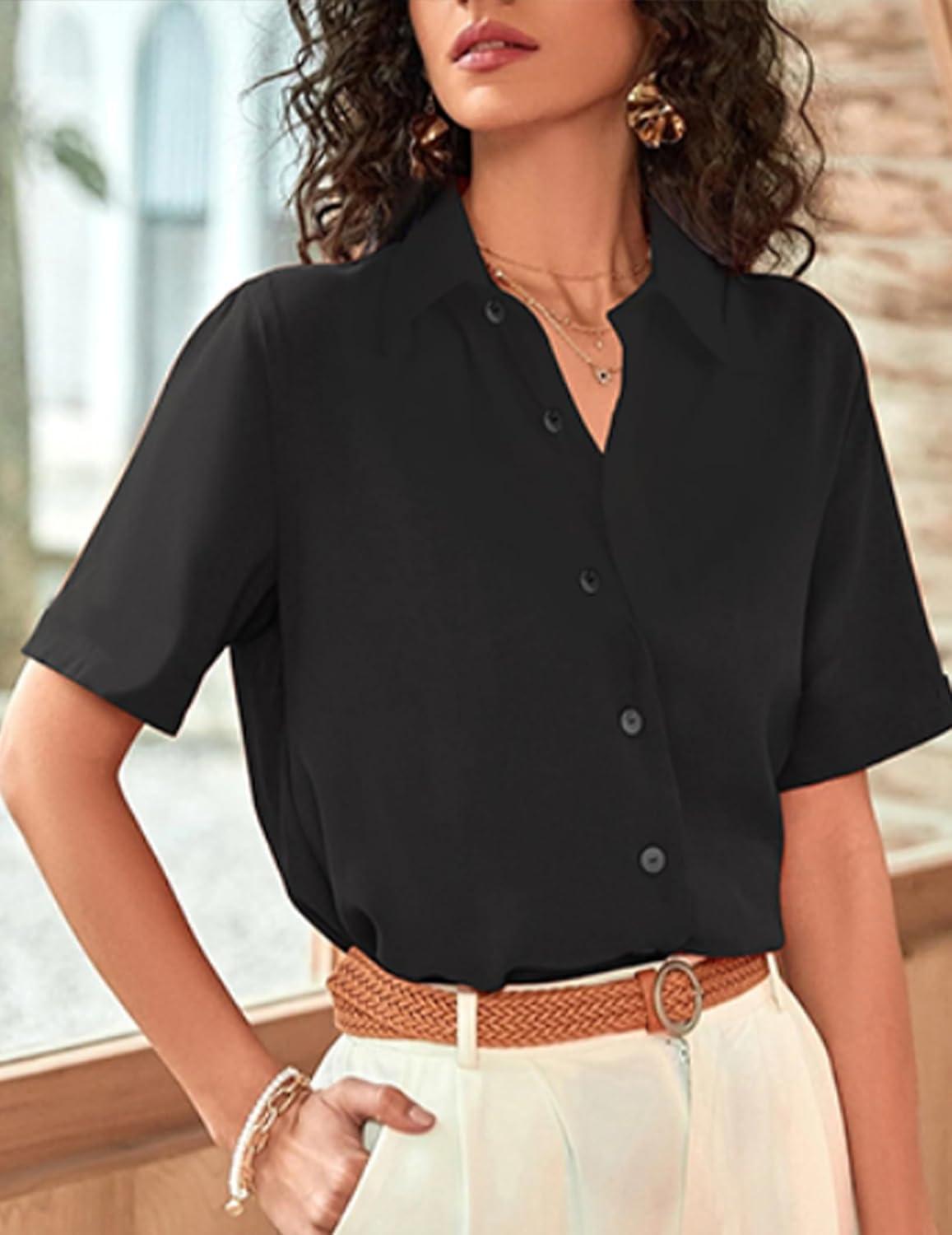 imageZeagoo Womens Button Down Shirts Short Sleeve Dress Shirts Basic Business Collared Work BlousesBlack