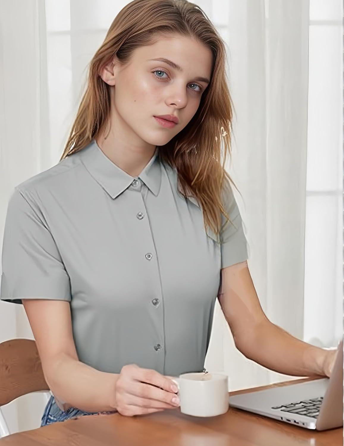 imageZeagoo Womens Button Down Shirts Short Sleeve Dress Shirts Basic Business Collared Work BlousesGrey