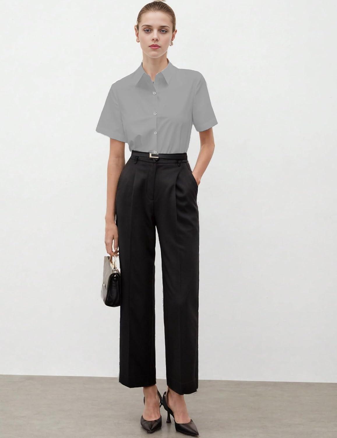 imageZeagoo Womens Button Down Shirts Short Sleeve Dress Shirts Basic Business Collared Work BlousesGrey
