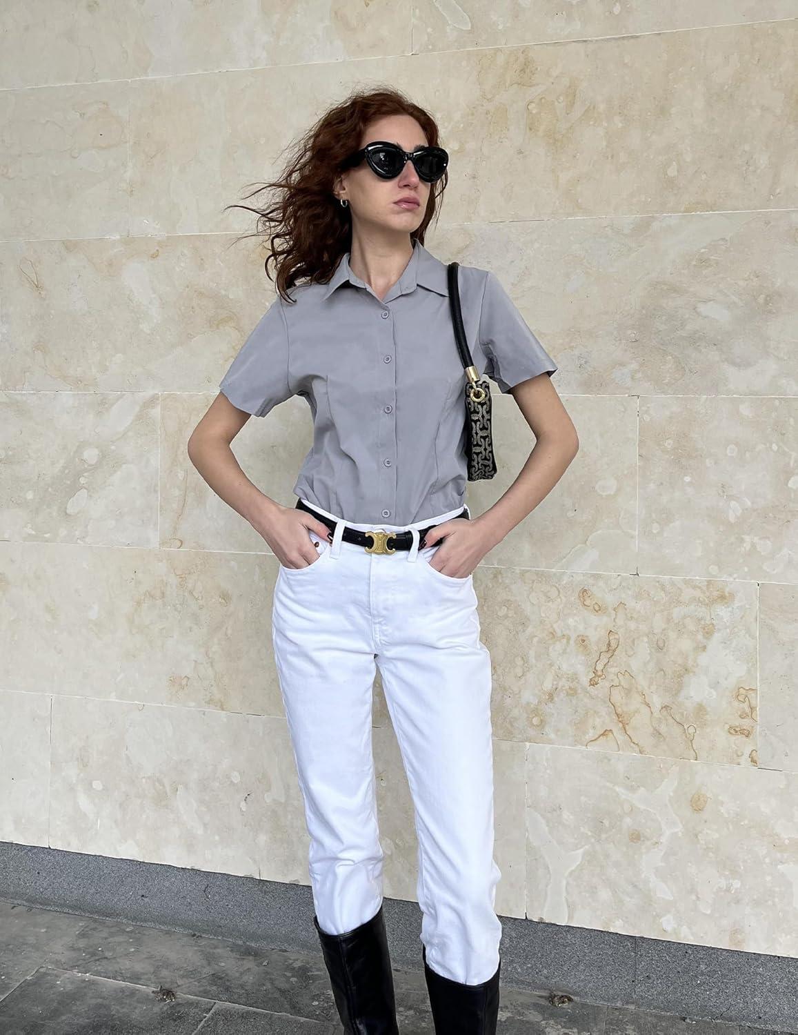 imageZeagoo Womens Button Down Shirts Short Sleeve Dress Shirts Basic Business Collared Work BlousesGrey