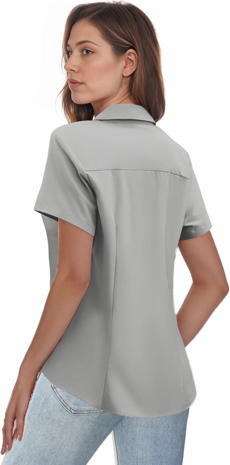 imageZeagoo Womens Button Down Shirts Short Sleeve Dress Shirts Basic Business Collared Work BlousesGrey
