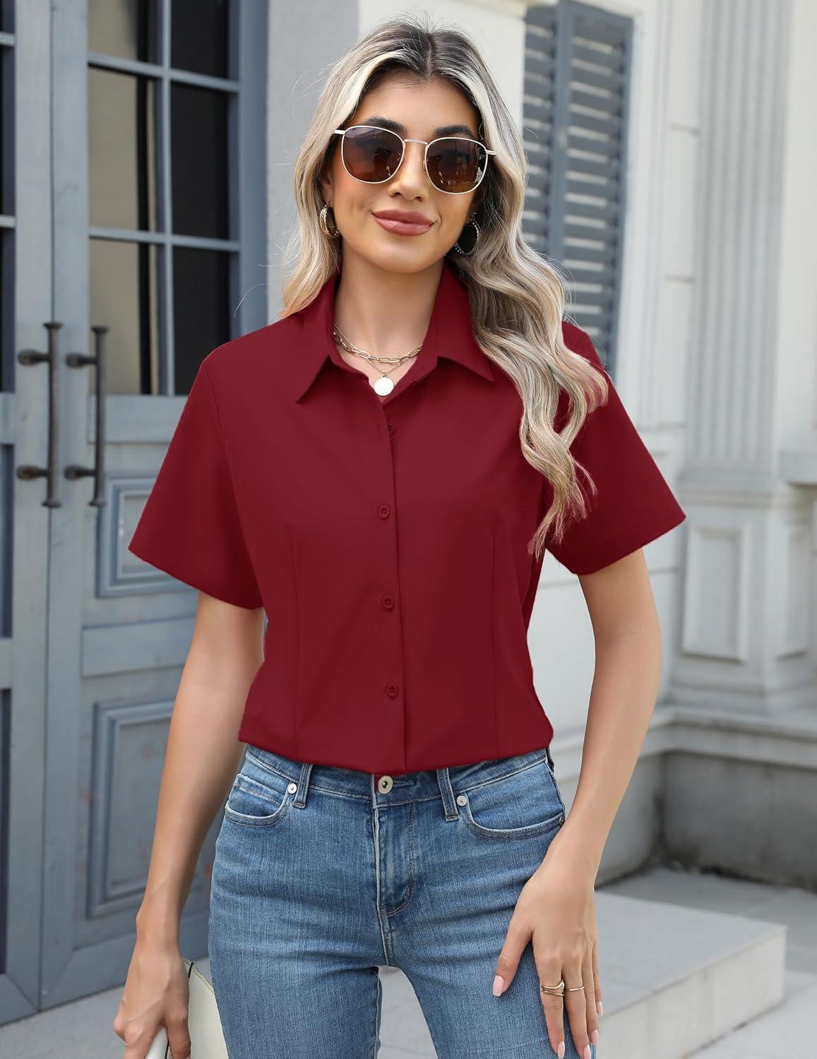 imageZeagoo Womens Button Down Shirts Short Sleeve Dress Shirts Basic Business Collared Work BlousesRed