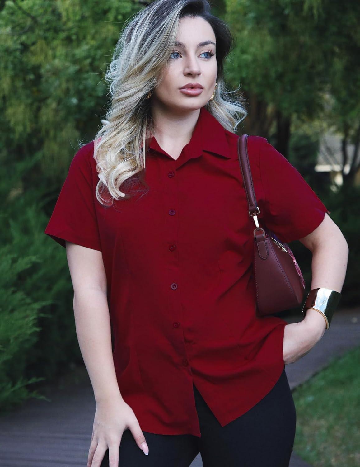 imageZeagoo Womens Button Down Shirts Short Sleeve Dress Shirts Basic Business Collared Work BlousesRed