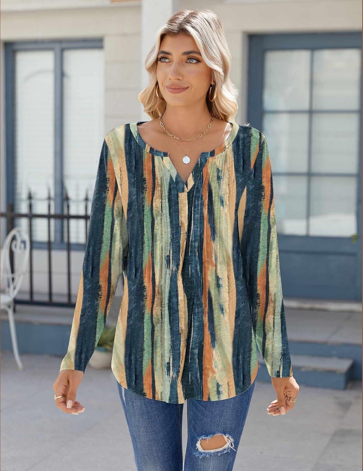 imageZeagoo Womens Long Sleeve Tops 2026 V Neck Pleated Shirts Dressy Casual Tunic Blouses Loose Fit Fall Fashion ClothesCx289