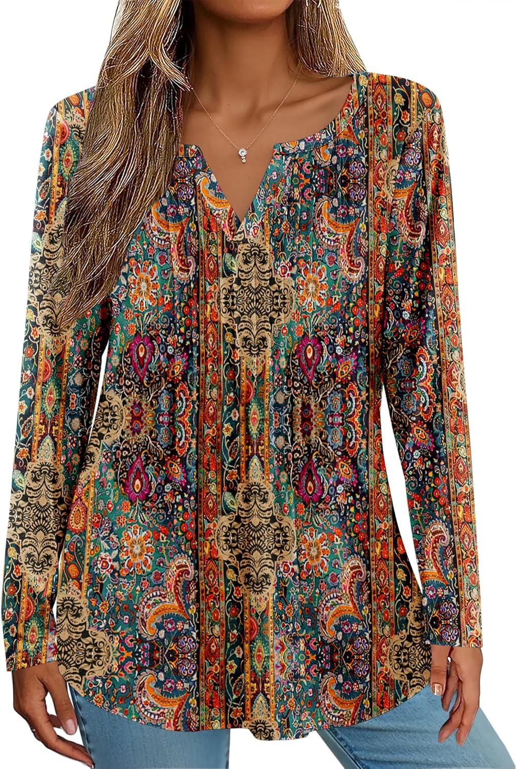 imageZeagoo Womens Long Sleeve Tops 2026 V Neck Pleated Shirts Dressy Casual Tunic Blouses Loose Fit Fall Fashion ClothesMz721