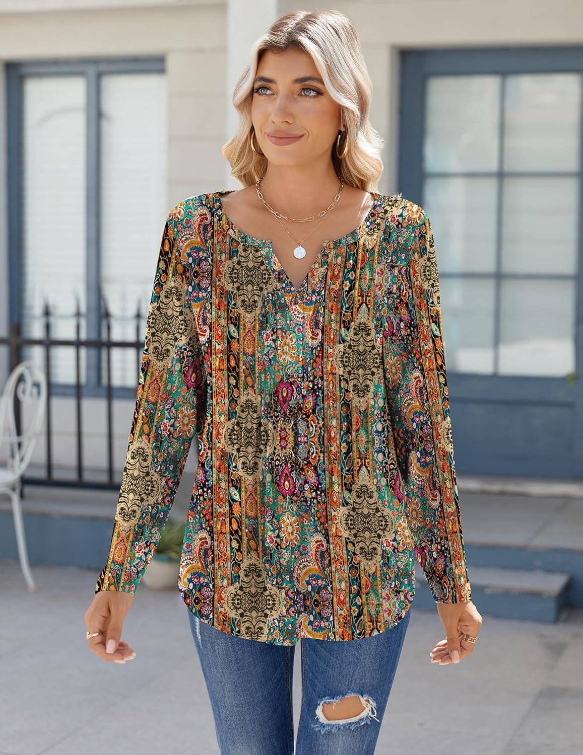 imageZeagoo Womens Long Sleeve Tops 2026 V Neck Pleated Shirts Dressy Casual Tunic Blouses Loose Fit Fall Fashion ClothesMz721