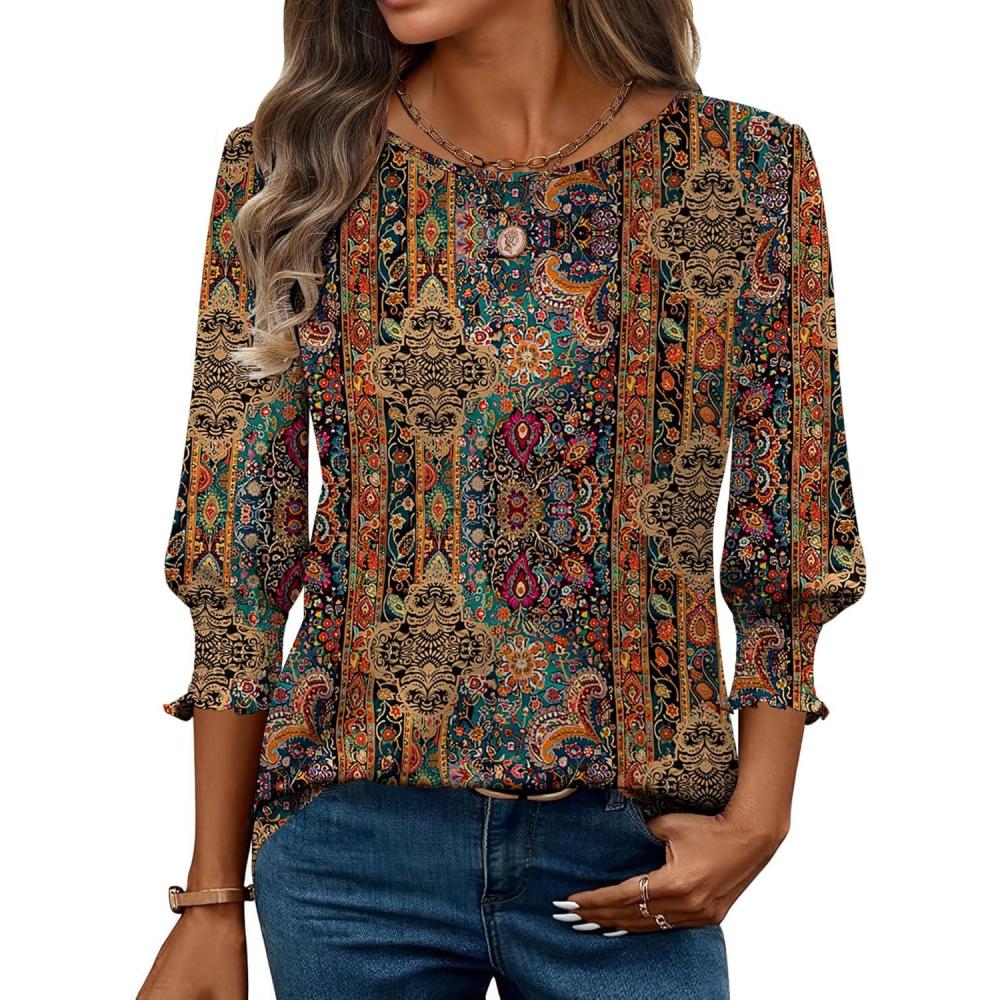 imageZeagoo 34 Length Sleeve Blouse Pleated Tops Tunics for Women Dressy Shirt Business CasualBrown Boho