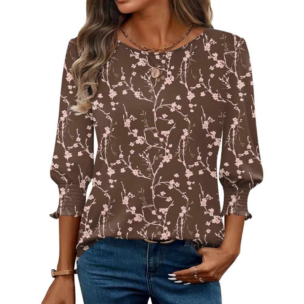 imageZeagoo 34 Length Sleeve Blouse Pleated Tops Tunics for Women Dressy Shirt Business CasualBrown Vine