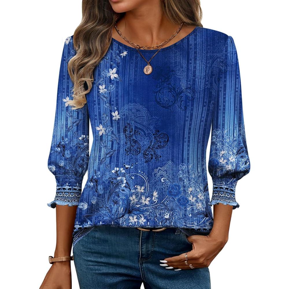 imageZeagoo 34 Length Sleeve Blouse Pleated Tops Tunics for Women Dressy Shirt Business CasualDeep Blue Bouquet