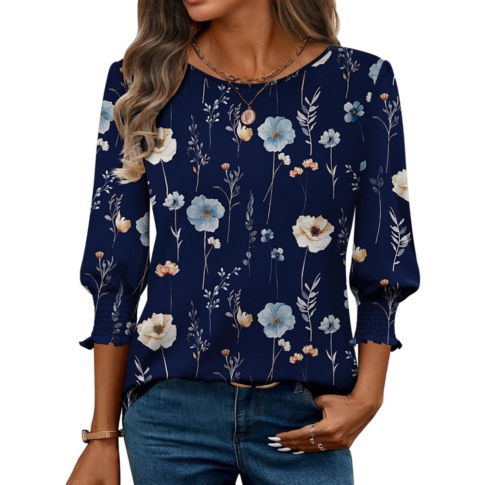 imageZeagoo 34 Length Sleeve Blouse Pleated Tops Tunics for Women Dressy Shirt Business CasualFloral Navy