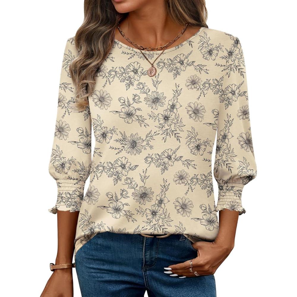 imageZeagoo 34 Length Sleeve Blouse Pleated Tops Tunics for Women Dressy Shirt Business CasualLatte Bloom