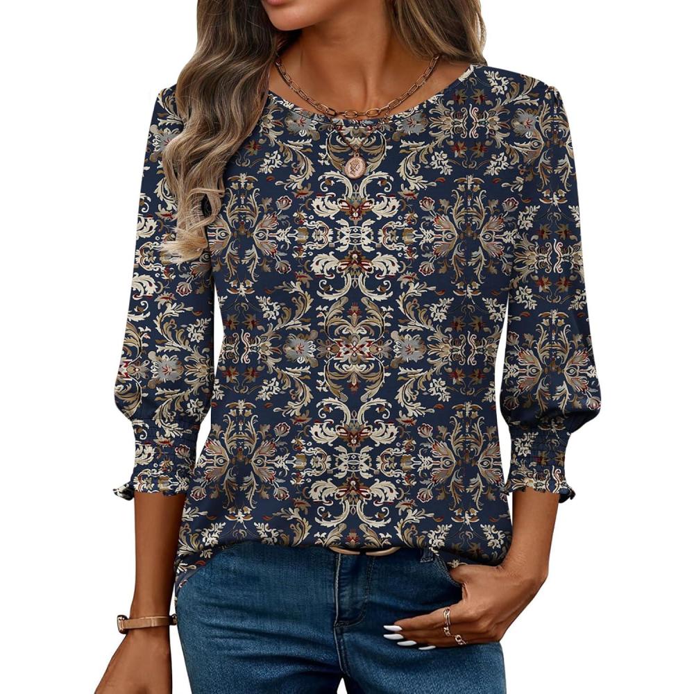 imageZeagoo 34 Length Sleeve Blouse Pleated Tops Tunics for Women Dressy Shirt Business CasualNavy Khaki Blessing