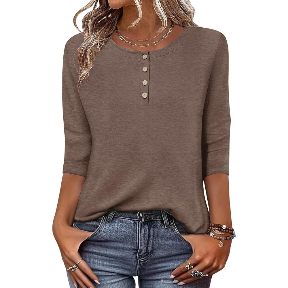imageZeagoo 34 Length Sleeve Women Tops Crew Neck Blouses Dressy Casual Summer T Shirts Loose Fit Business Work ClothesBrown