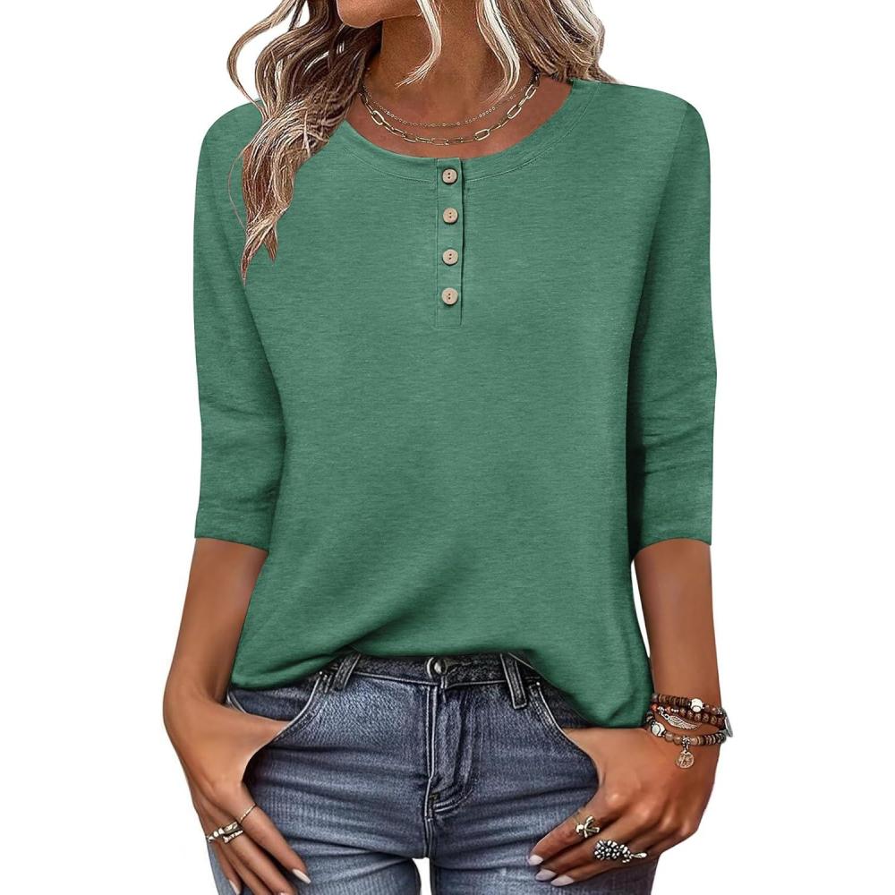 imageZeagoo 34 Length Sleeve Women Tops Crew Neck Blouses Dressy Casual Summer T Shirts Loose Fit Business Work ClothesGreen