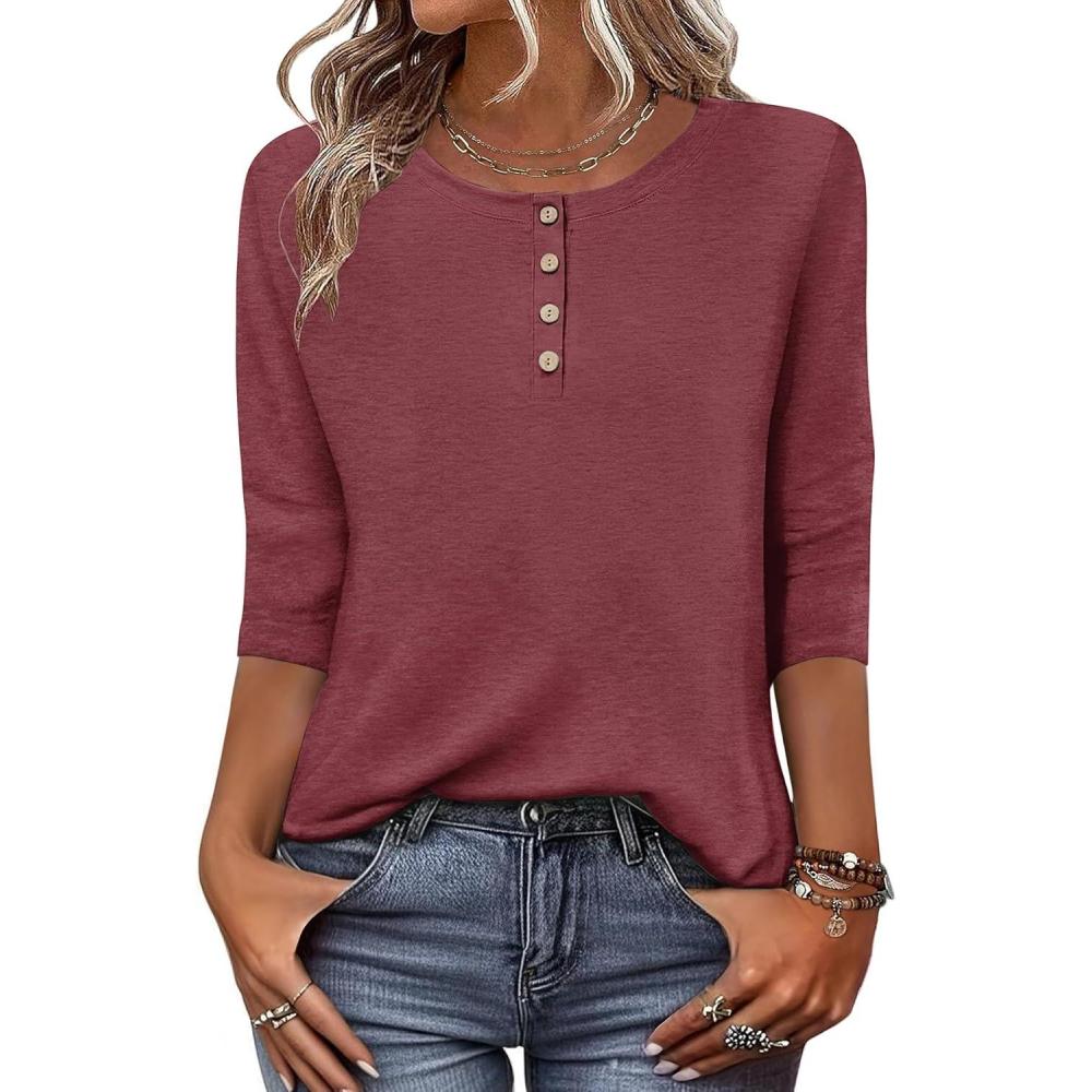 imageZeagoo 34 Length Sleeve Women Tops Crew Neck Blouses Dressy Casual Summer T Shirts Loose Fit Business Work ClothesWine Red