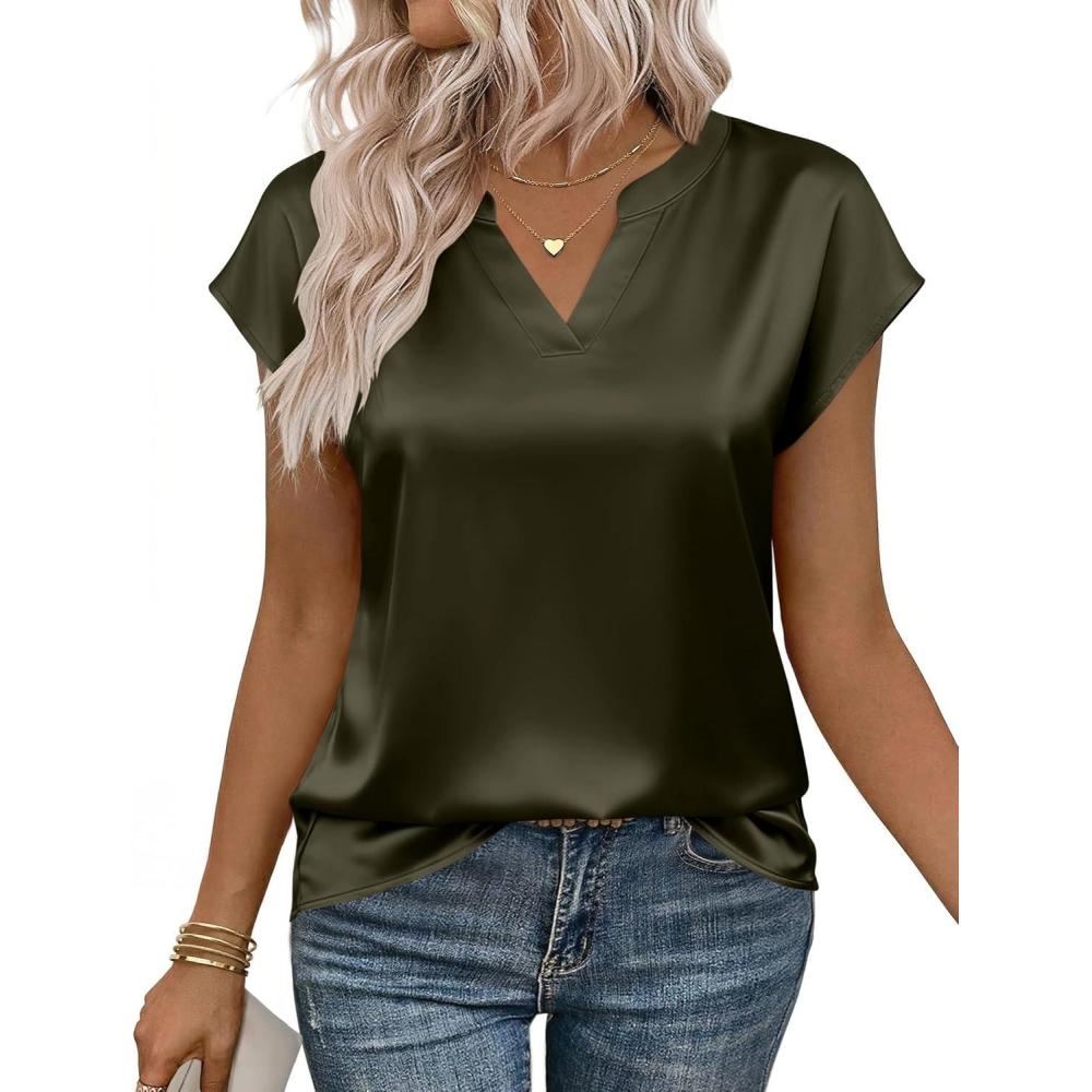 imageZeagoo Women Tops Silk Satin Blouses V Neck Summer Shirts Cap Sleeve Business Casual Dressy Spring ClothingArmy Green