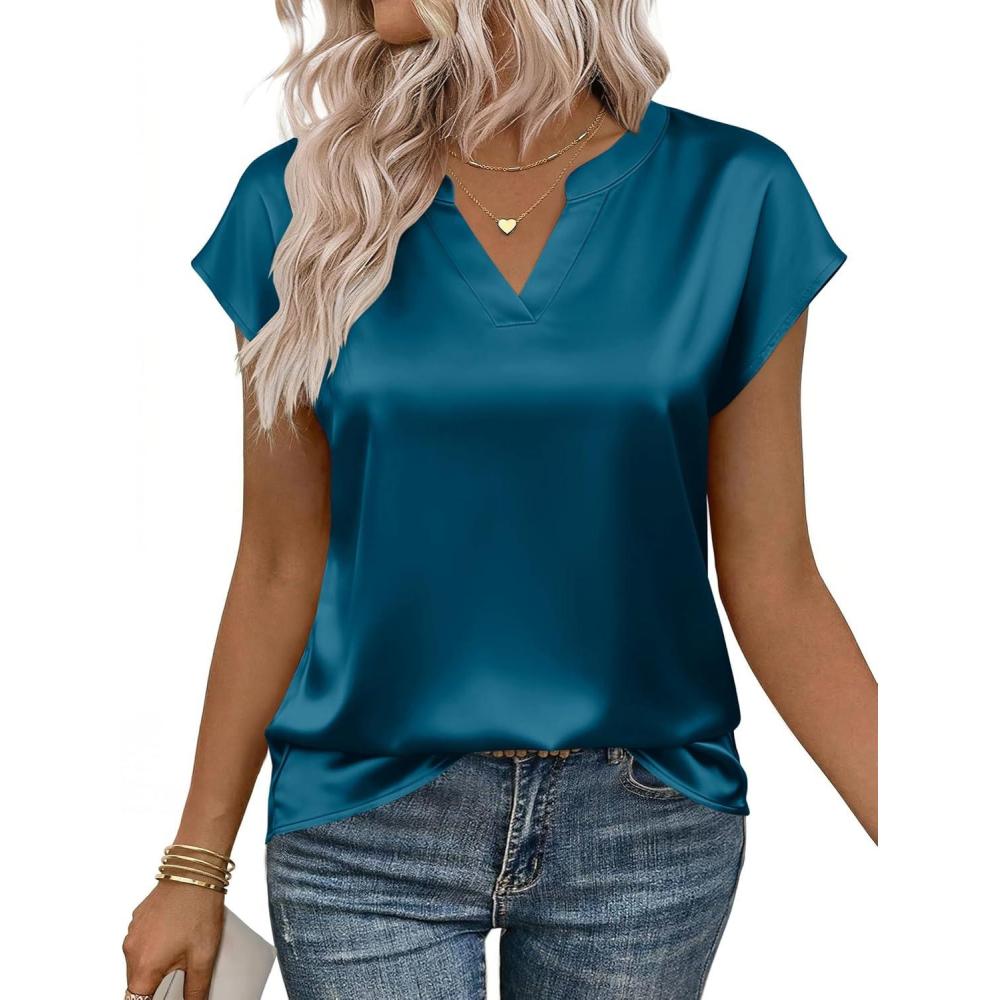 imageZeagoo Women Tops Silk Satin Blouses V Neck Summer Shirts Cap Sleeve Business Casual Dressy Spring ClothingBlue Green