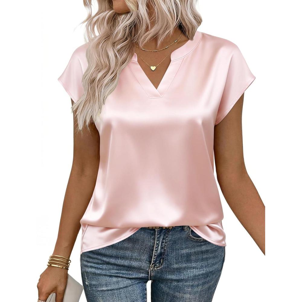 imageZeagoo Women Tops Silk Satin Blouses V Neck Summer Shirts Cap Sleeve Business Casual Dressy Spring ClothingChampagne