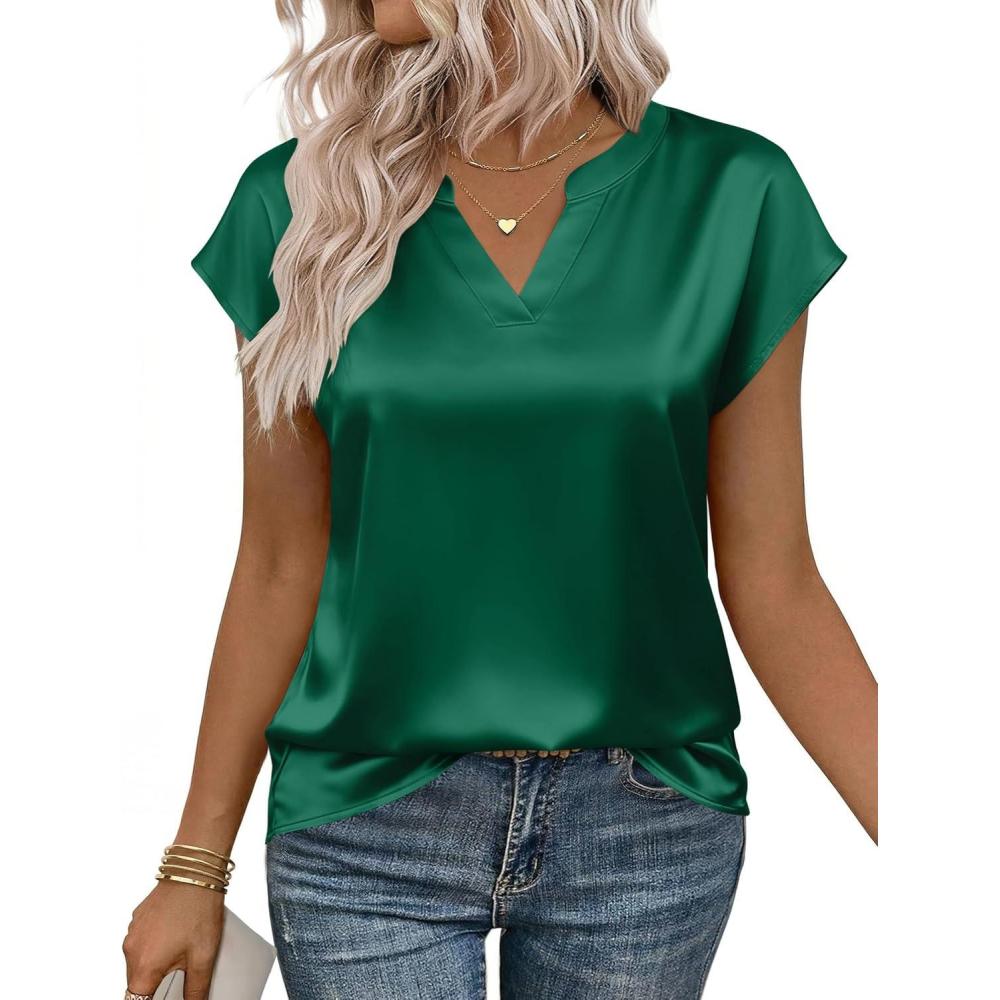 imageZeagoo Women Tops Silk Satin Blouses V Neck Summer Shirts Cap Sleeve Business Casual Dressy Spring ClothingGreen