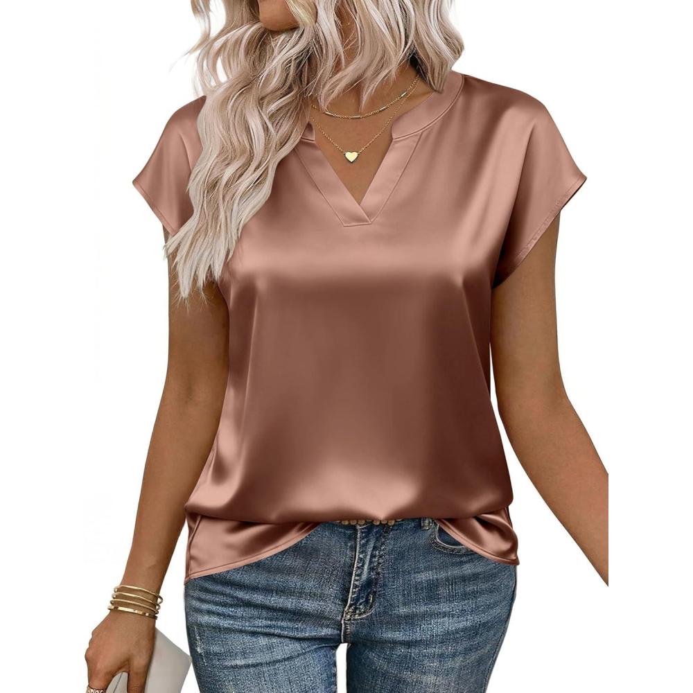 imageZeagoo Women Tops Silk Satin Blouses V Neck Summer Shirts Cap Sleeve Business Casual Dressy Spring ClothingLight Khaki