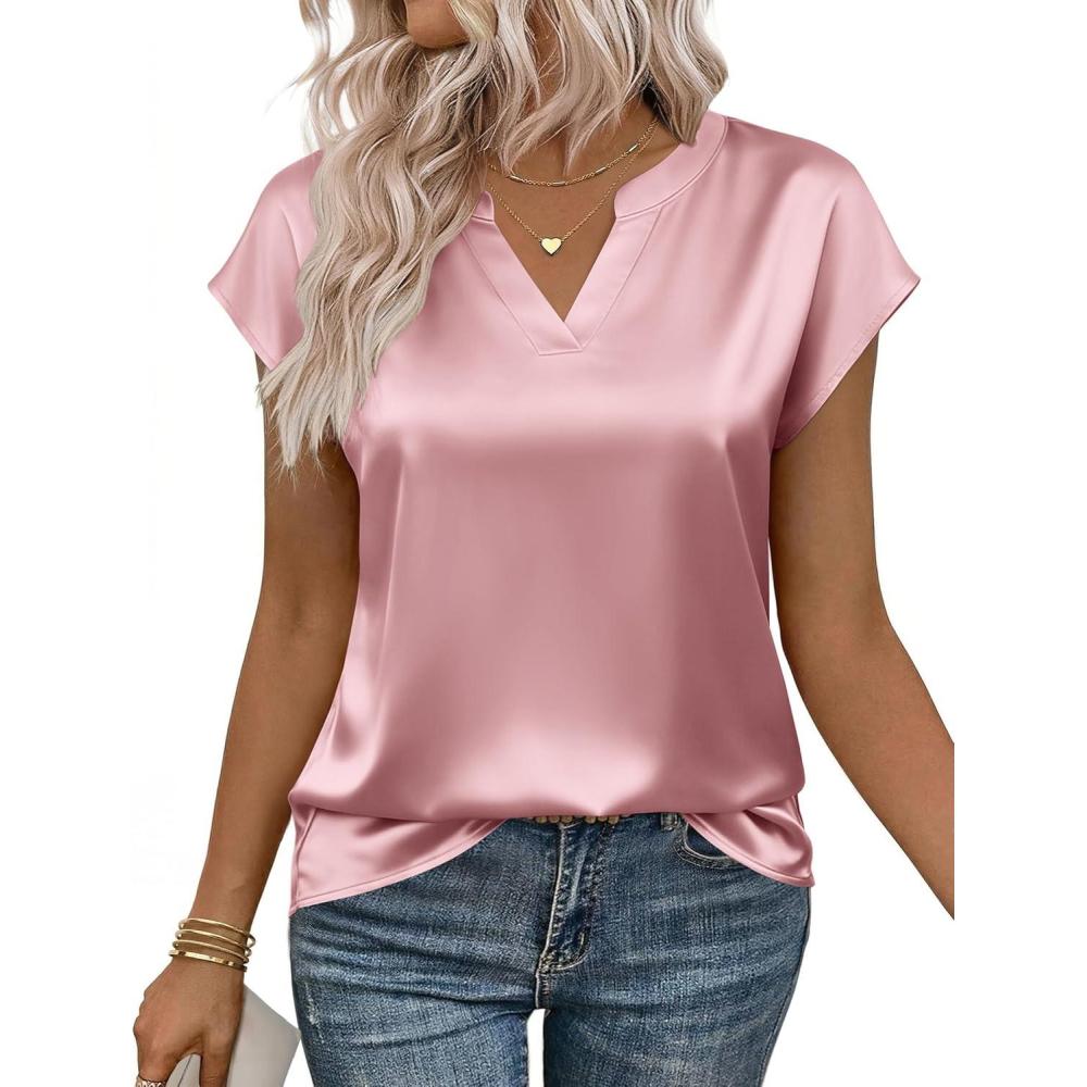 imageZeagoo Women Tops Silk Satin Blouses V Neck Summer Shirts Cap Sleeve Business Casual Dressy Spring ClothingPink