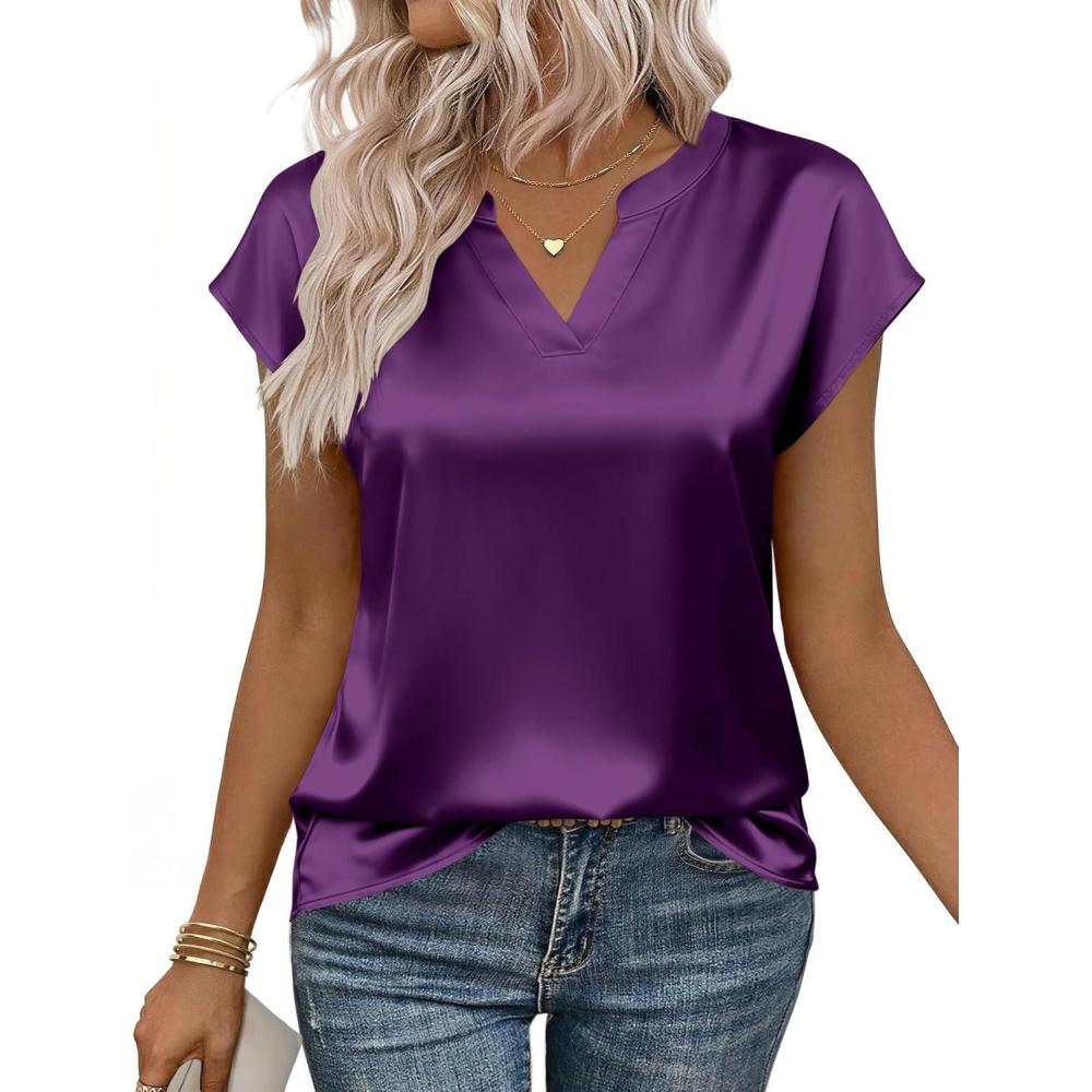 imageZeagoo Women Tops Silk Satin Blouses V Neck Summer Shirts Cap Sleeve Business Casual Dressy Spring ClothingPurple