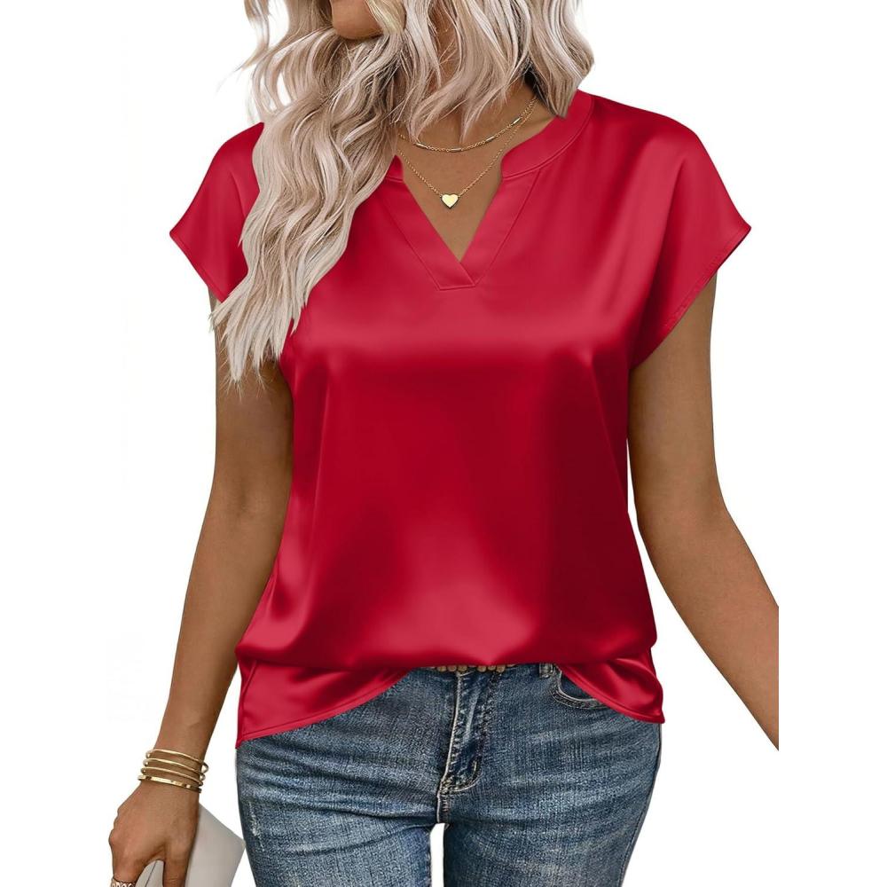 imageZeagoo Women Tops Silk Satin Blouses V Neck Summer Shirts Cap Sleeve Business Casual Dressy Spring ClothingRed
