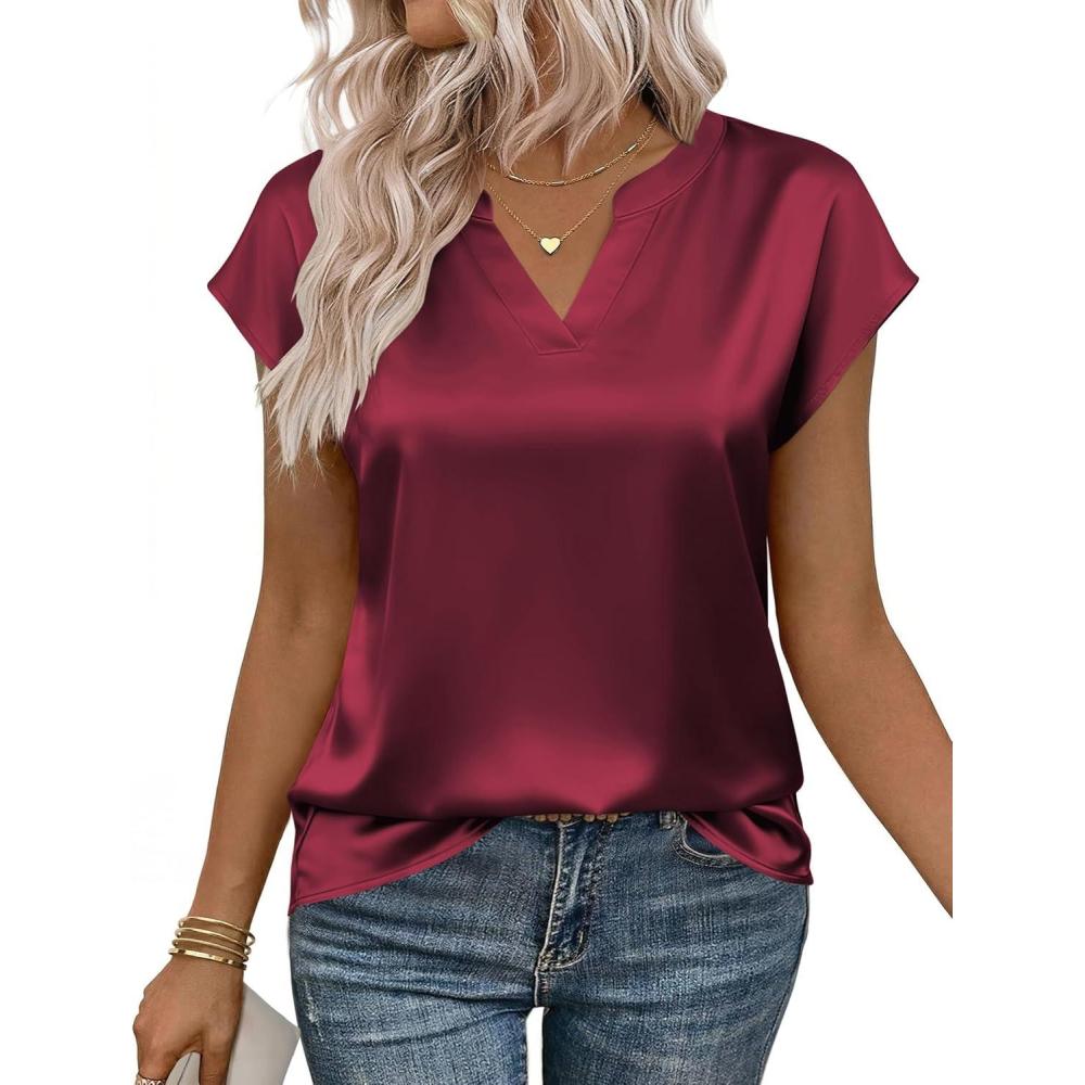 imageZeagoo Women Tops Silk Satin Blouses V Neck Summer Shirts Cap Sleeve Business Casual Dressy Spring ClothingWine Red