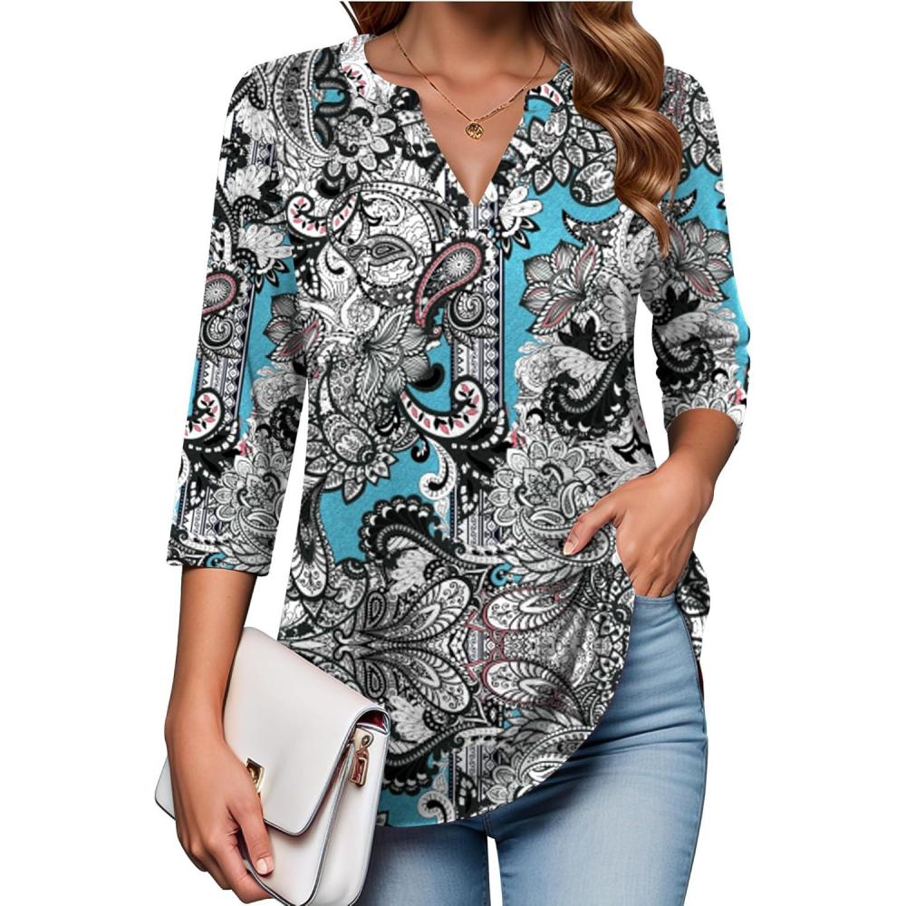 imageZeagoo Womens 34 Length Sleeve Tops V Neck Tunic Casual Dressy Blouse Floral Printed ShirtsBoho Mz906