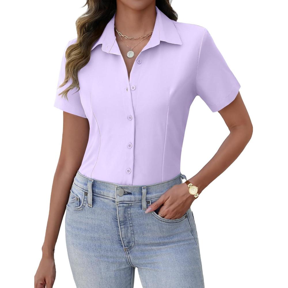 imageZeagoo Womens Button Down Shirts Short Sleeve Dress Shirts Basic Business Collared Work BlousesLilac