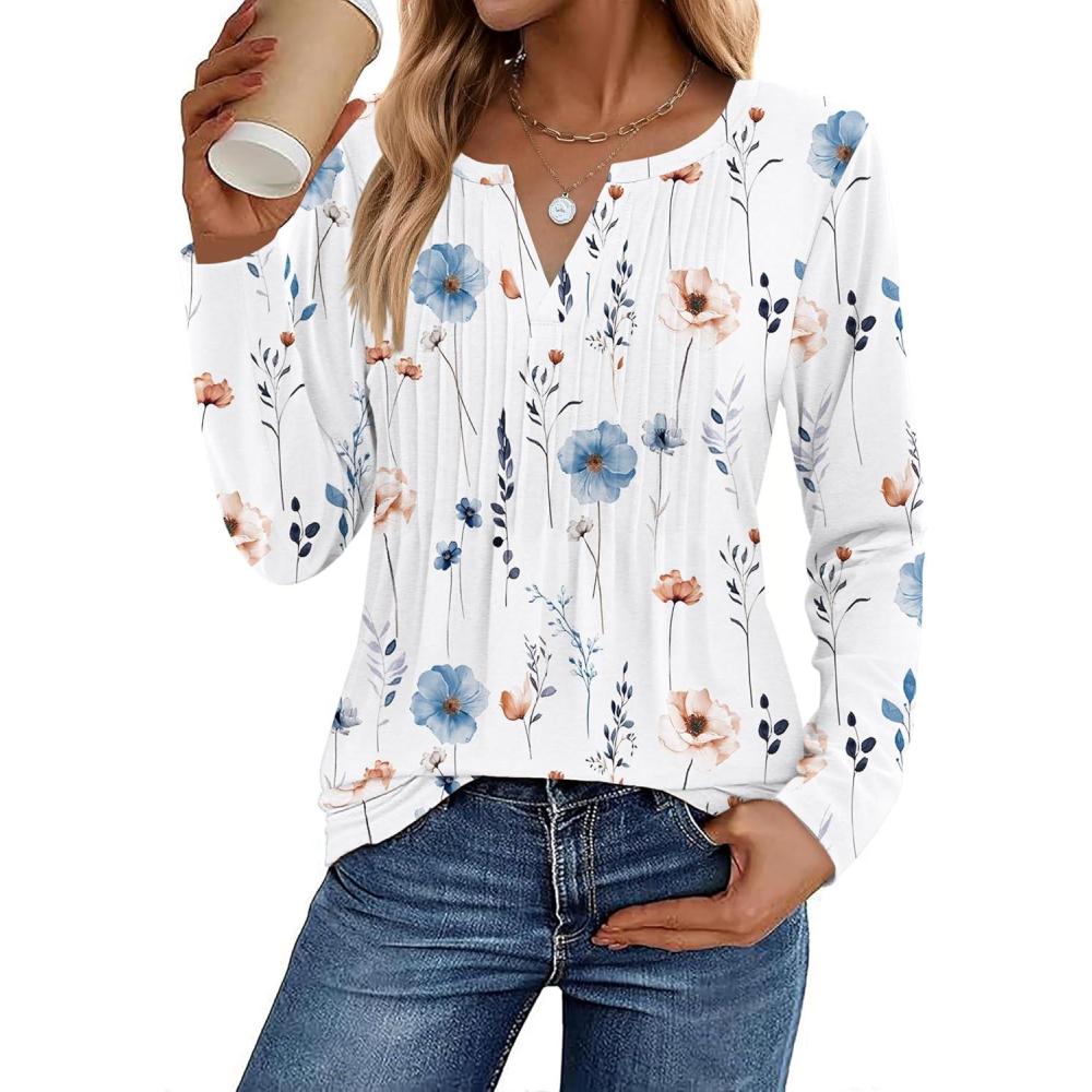 imageZeagoo Womens Long Sleeve Tops 2026 V Neck Pleated Shirts Dressy Casual Tunic Blouses Loose Fit Fall Fashion ClothesAawhite Floralprinted