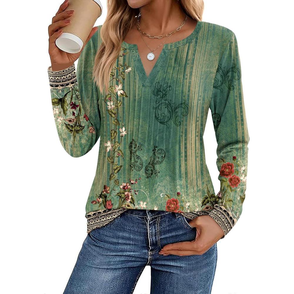 imageZeagoo Womens Long Sleeve Tops 2026 V Neck Pleated Shirts Dressy Casual Tunic Blouses Loose Fit Fall Fashion ClothesBbgreenprinted