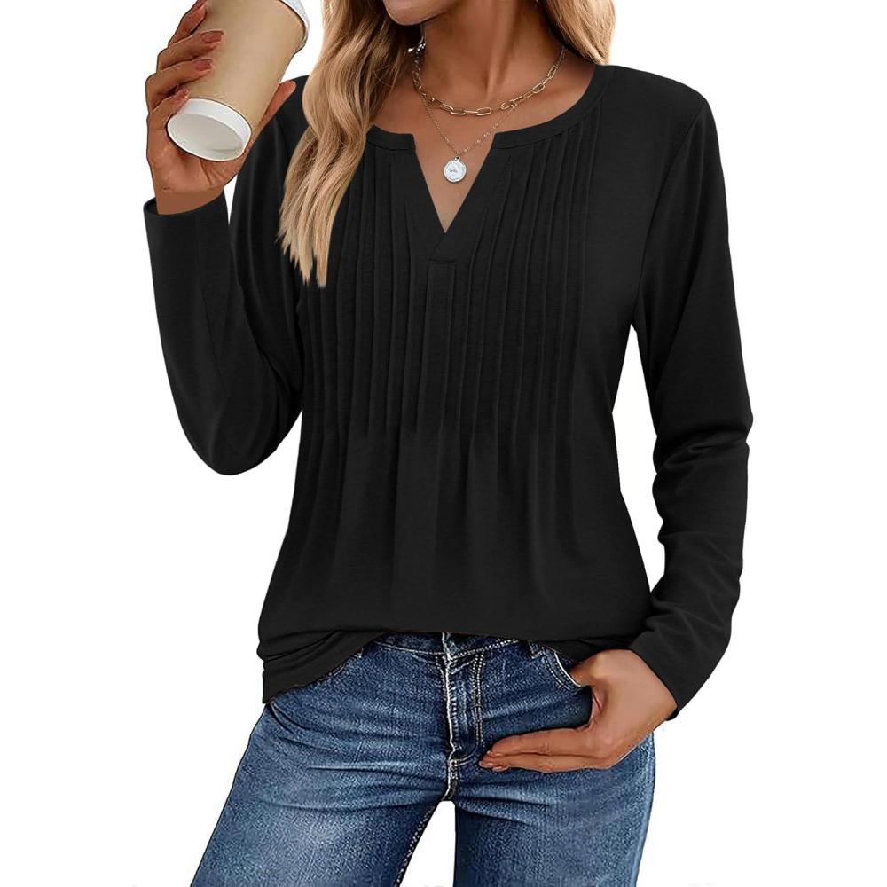 imageZeagoo Womens Long Sleeve Tops 2026 V Neck Pleated Shirts Dressy Casual Tunic Blouses Loose Fit Fall Fashion ClothesBlack