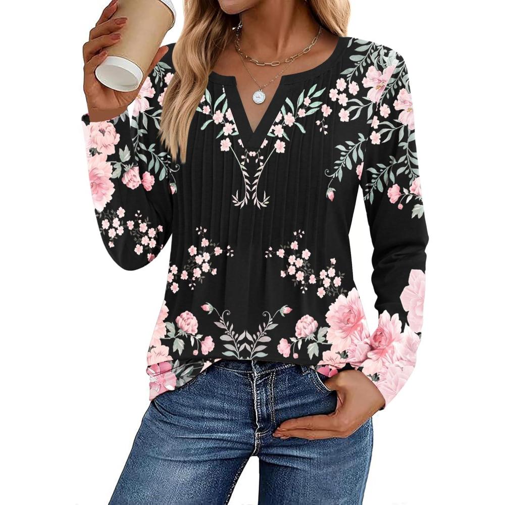 imageZeagoo Womens Long Sleeve Tops 2026 V Neck Pleated Shirts Dressy Casual Tunic Blouses Loose Fit Fall Fashion ClothesBlack Pinkprinted