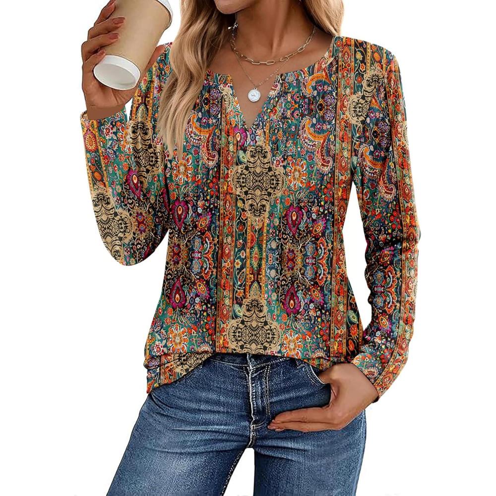 imageZeagoo Womens Long Sleeve Tops 2026 V Neck Pleated Shirts Dressy Casual Tunic Blouses Loose Fit Fall Fashion ClothesMz721