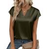 Zeagoo Women Tops Silk Satin Blouses V Neck Summer Shirts Cap Sleeve Business Casual Dressy Spring Clothing(Army Green)