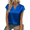 Zeagoo Women Tops Silk Satin Blouses V Neck Summer Shirts Cap Sleeve Business Casual Dressy Spring Clothing(Blue)