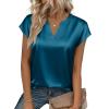 Zeagoo Women Tops Silk Satin Blouses V Neck Summer Shirts Cap Sleeve Business Casual Dressy Spring Clothing(Blue Green)