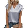 Zeagoo Women Tops Silk Satin Blouses V Neck Summer Shirts Cap Sleeve Business Casual Dressy Spring Clothing(Light Grey)