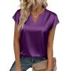 Zeagoo Women Tops Silk Satin Blouses V Neck Summer Shirts Cap Sleeve Business Casual Dressy Spring Clothing(Purple)