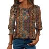 Zeagoo 3/4 Length Sleeve Blouse Pleated Tops Tunics for Women Dressy Shirt Business Casual(Brown Boho)