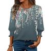 Zeagoo 3/4 Length Sleeve Blouse Pleated Tops Tunics for Women Dressy Shirt Business Casual(Grey-blue Watercolor Bloom)