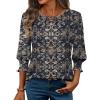 Zeagoo 3/4 Length Sleeve Blouse Pleated Tops Tunics for Women Dressy Shirt Business Casual(Navy Khaki Blessing)