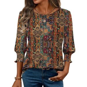 Zeagoo 3/4 Length Sleeve Blouse Pleated Tops Tunics for Women Dressy Shirt Business Casual(Brown Boho)