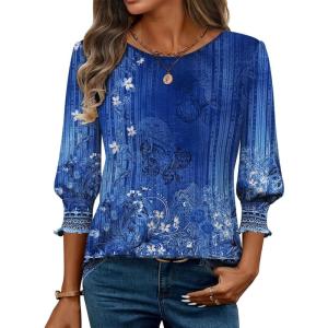 Zeagoo 3/4 Length Sleeve Blouse Pleated Tops Tunics for Women Dressy Shirt Business Casual(Deep Blue Bouquet)